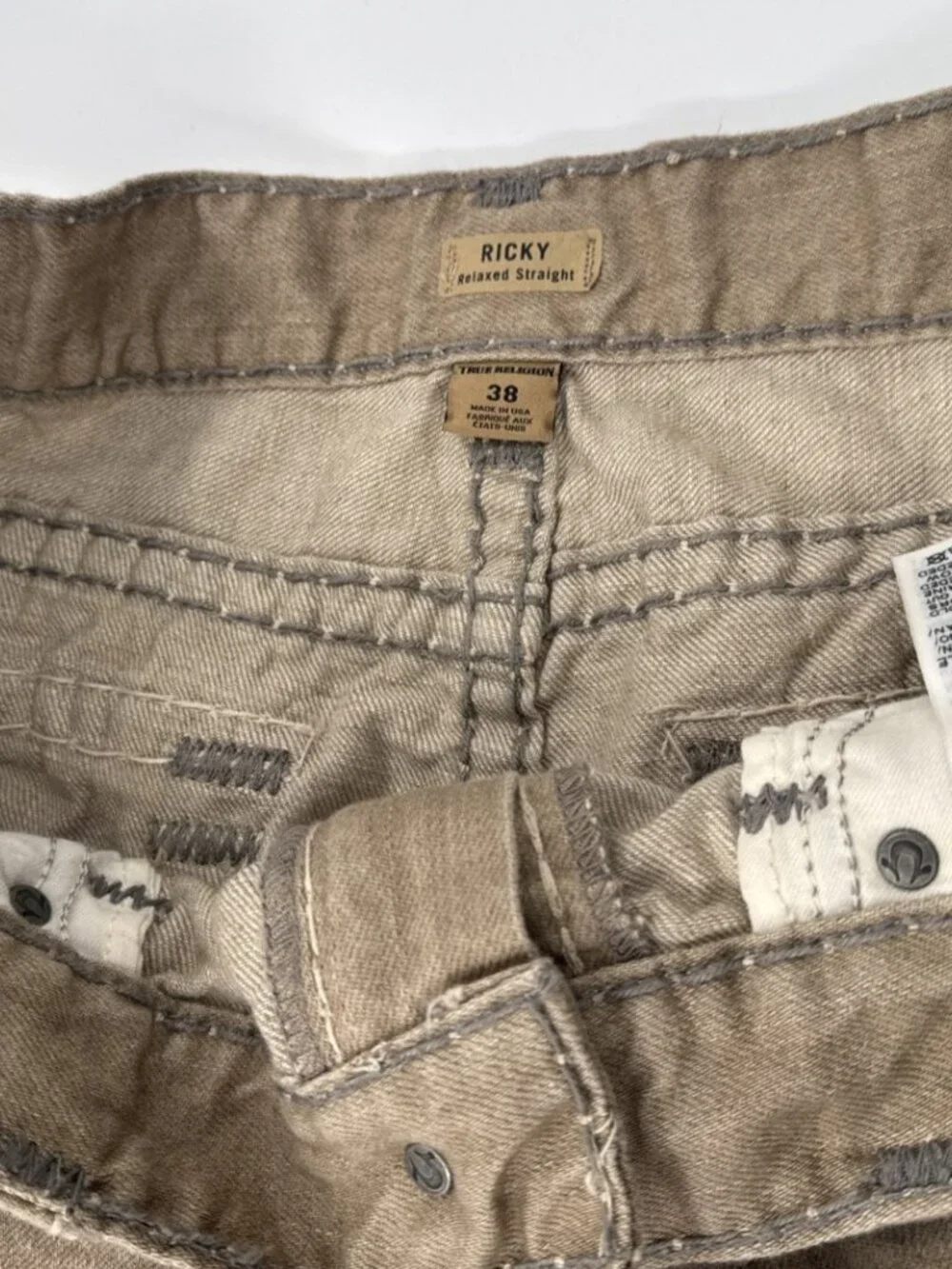 True Religion Tan Jeans Mens 38x34 Ricky Relaxed Denim Thick Stitch SuperT Flap